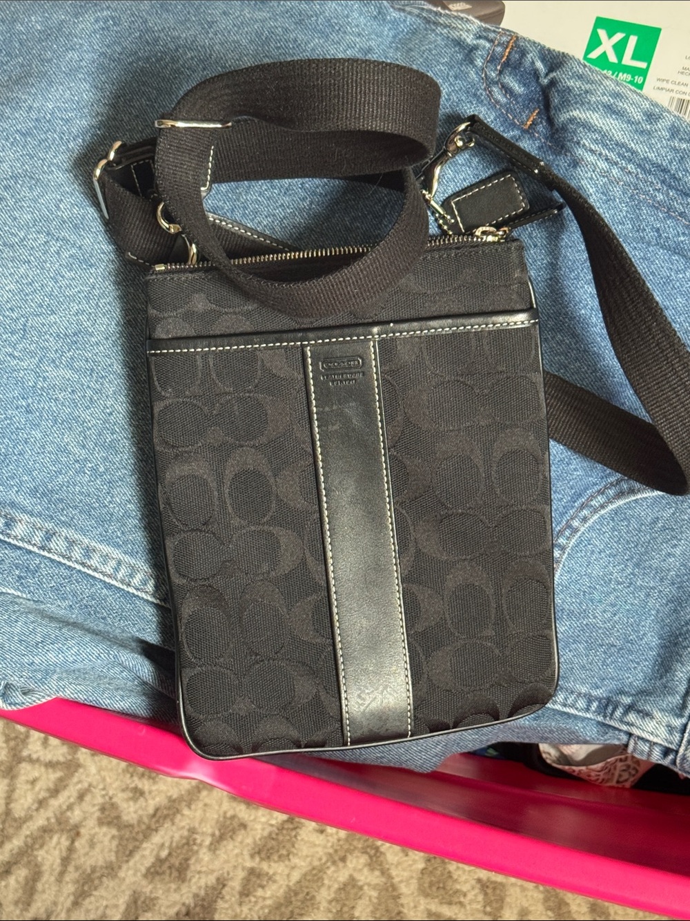 Coach Black Signature Crossbody Messenger with Leather Trim